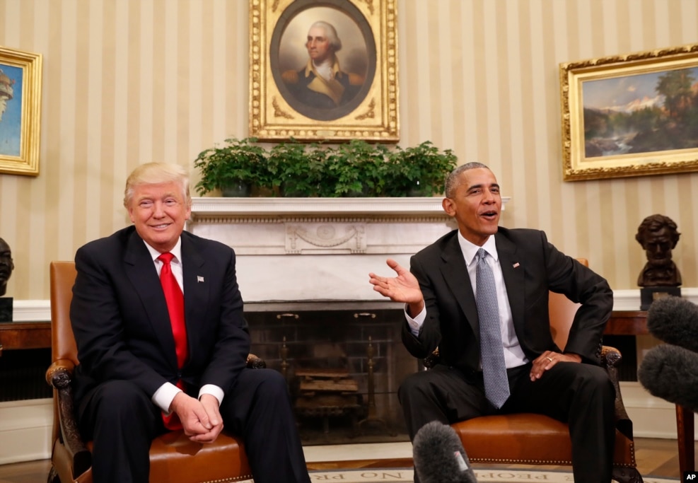 在撕裂式的選戰之後,奧巴馬總統與當選總統川普在白宮友好會面。 （2016年11月10日）