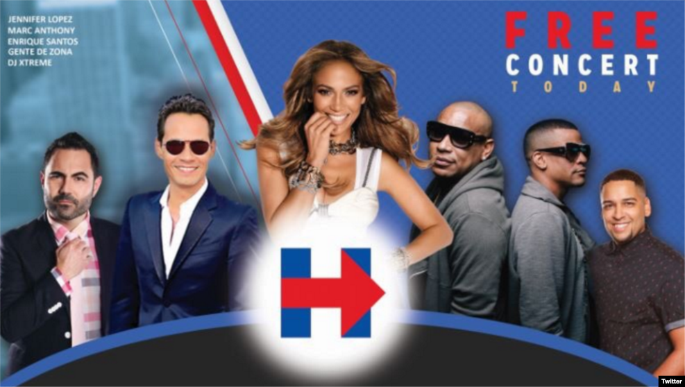 歌手詹妮弗&middot;洛佩茲和马克&middot;安东尼反对川普，支持美国民主党总统候选人希拉里&middot;克林顿，举办免费音乐会，为她助选（2016年10月29日）