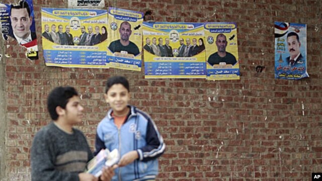 Boys stand near campaign posters of the Muslim Brotherhood's Freedom and Justice Party outside a polling station during the second day of parliamentary elections in the village of Kafr el-Moseilha, the hometown of former president Hosni Mubarak, December 