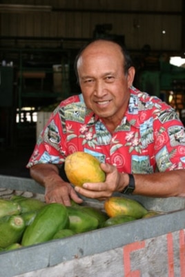 Dennis Gonsalves and his creation, the Rainbow papaya
