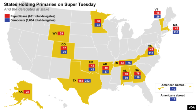 States/territories holding primaries or caucuses on Super Tuesday