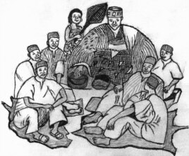 A Safaliba Chief with the elders of his court - Illustration by Kotochi Mahama for Safaliba Literacy Texts