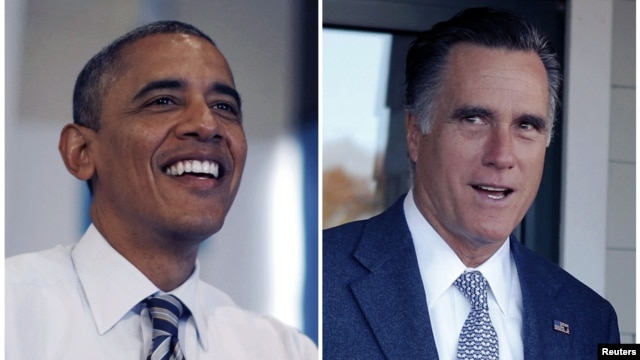 A combination photo shows U.S. President Barack Obama during a visit to a campaign field office in Chicago, and Republican presidential nominee Mitt Romney walking out of the polling station after voting in Belmont, Massachusetts, on election day, November 6, 2012. 
