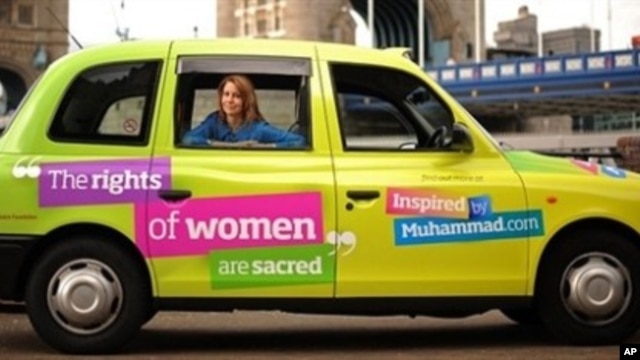 Television presenter Kristiane Becker poses for photographers in a London taxi bearing a message aimed at raising the public understanding of the Islam faith, during a photocall in London, 07 Jun 2010