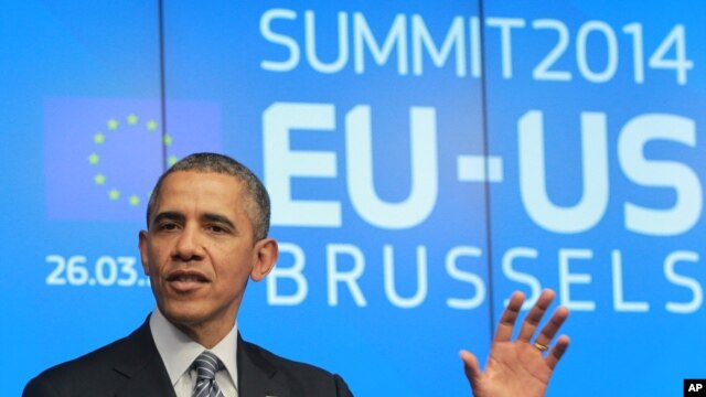 Tổng thống Obama phát biểu trước báo giới tại tòa nhà Hội đồng châu Âu, Brussels, 26/4/2014.