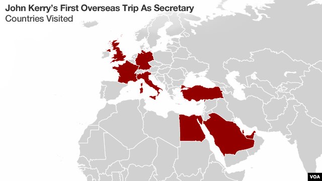 Countries visited on John Kerry's first trip overseas as Secretary of State, February 24 to March 6, 2013