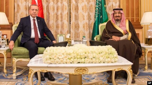 Turkish President Recep Tayyip Erdogan (L) and Saudi King Salman bin Abdul Aziz Al Saud pose for a photo during their meeting in Riyadh, Saudi Arabia, in this picture released, Dec. 29, 2015 by the office of the Saudi Press Agency.
