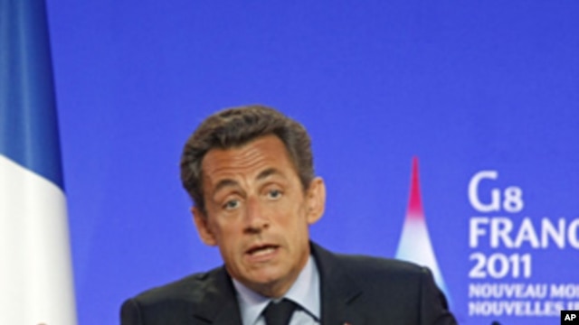 French President Nicolas Sarkozy during a press conference at the G8 summit in Deauville, France, May 26, 2011