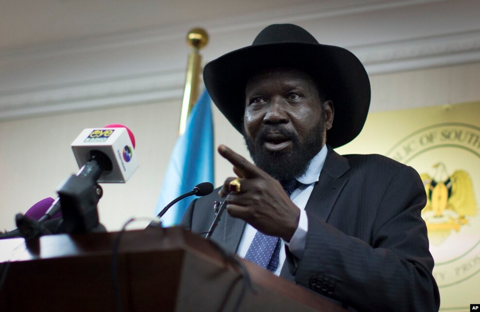 FILE - South Sudan's President Salva Kiir speaks to the media at a press conference in Juba, South Sudan.