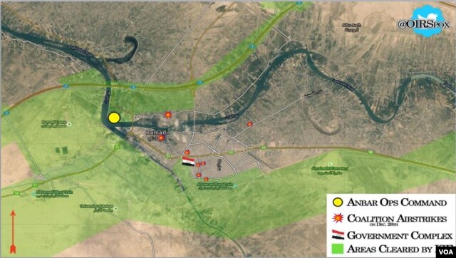 This map shows areas cleared and airstrikes in Anbar Province, Iraq, by the U.S.-led coalition fighting Islamic State.