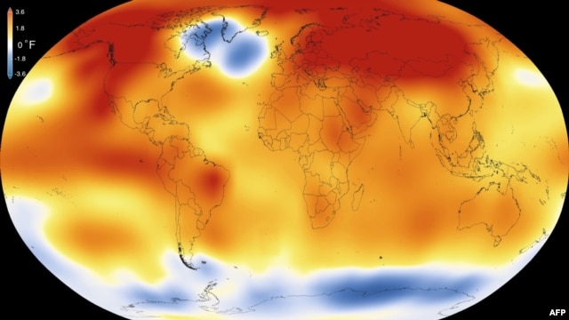 This illustration obtained from NASA on January 20, 2016, shows that 2015 was the warmest year since modern record-keeping began in 1880, according to an analysis by NASA’s Goddard Institute for Space Studies.