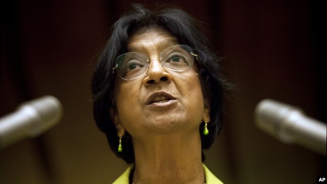 UN High Commissioner for Human Rights Navi Pillay addressed the Human Rights Council on Syria at the United Nations in Geneva, Switzerland, Monday, Sept. 10, 2012. (AP)