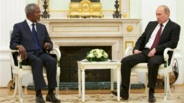 Russian President Vladimir Putin, right, with UN special envoy Kofi Annan in Moscow, July 17, 2012