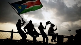 Southern Sudanese wave flags and cheer at the Republic of South Sudan's first national soccer match in the capital of Juba, July 10, 2011. 