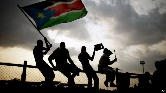 Southern Sudanese wave flags and cheer at the Republic of South Sudan's first national soccer match in the capital of Juba, July 10, 2011. 