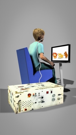 This drawing shows how children in the study were seated in front of a computer monitor while viewing a cartoon, with nasal airflow measured and pleasant and unpleasant odorants delivered via a nasal cannula and olfactometer. (Credit: Ofer Perl)