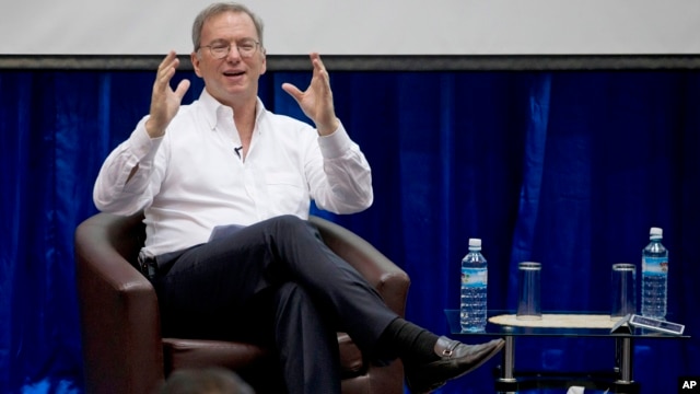 Google Executive Chairman Eric Schmidt gestures during  an interactive session with group of students at a technical university in Rangoon, Burma,  March 22, 2013.