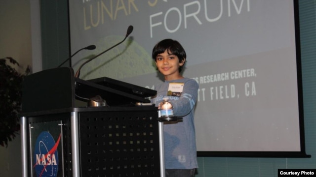 Tanishq Abraham is seen speaking at the NASA Lunar Science Forum at NASA Ames Research Center, Moffett Field, California.