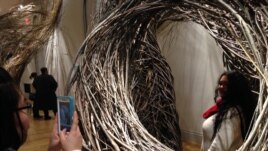 Jessica Liou takes a picture of fellow museum visitor Megan Limson at the WONDER exhibit, Renwick Gallery, Washington. (J. Taboh/VOA)