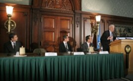 Announcing a new website of over 10,000 rare historic sound recordings now available digitally to the public are (from L to R) singer and actor Harry Connick, Jr., Richard Story, President, Commercial Music Group, Sony Music Entertainment, Gene DeAnna, he