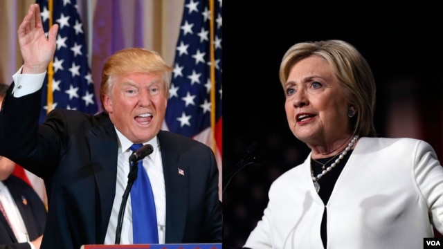 In this composite image, US presidential candidates Donald Trump, left, and Hillary Clinton, right, speak to supporters following strong Super Tuesday performances.