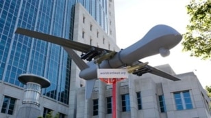 Scale model drone displayed at aviation demonstration, Sacramento, Calif., April 15, 2013.