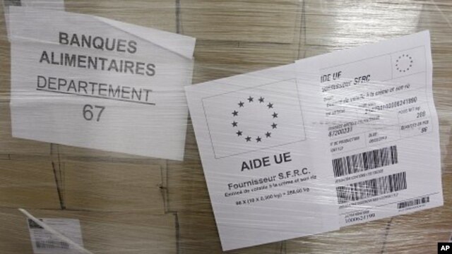 Packs of food, part of European subsidies are seen at a warehouse of the Banque Alimentaire (Food Bank) in Strasbourg, September 20, 2011.