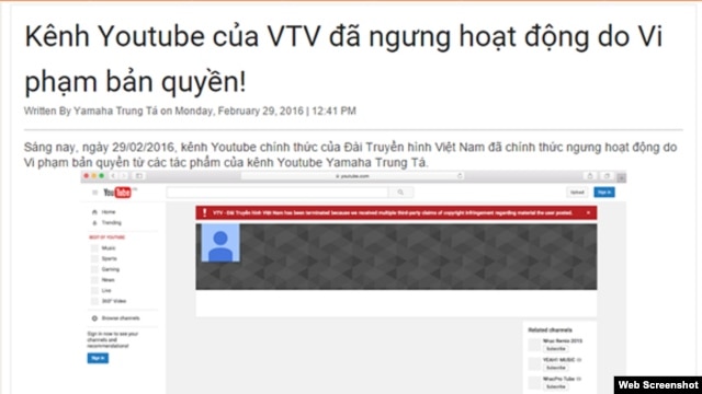 Thông báo trang Yamaha Trung Tá của ông Bùi Minh Tuấn đăng tải về vụ VTV bị khóa kênh YouTube.