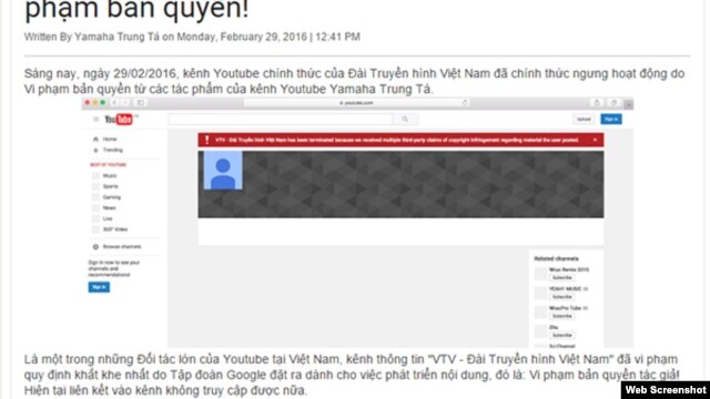 Thông báo của trang Yamaha Trung Tá đăng tải về vụ VTV bị khóa kênh YouTube.