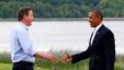 Britain's Prime Minister David Cameron (L) welcomes U.S. President Barack Obama on his arrival to the Lough Erne golf resort where the G8 summit is taking place in Enniskillen, Northern Ireland, June 17, 2013.