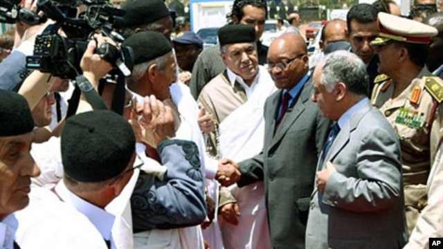South African President Jacob Zuma (C-R) is greeted by Libyan PM Baghdadi al-Mahmudi (front-R) and local tribesmen upon his arrival in Tripoli on May 30, 2011