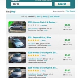 The website for car sharing service, Getaround.com, lists the personal vehicles available for hourly rental.