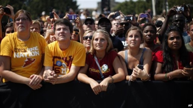 Supporters listen to President Barack Obama at a campaign event at Iowa State University, Ames, Iowa, Aug. 28, 2012.