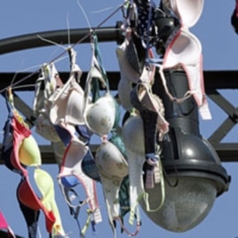 Bras hanging across the Hot Metal Bridge over the Monongahela River were part of an October breast Cancer awareness campaign. Aerie, a bra company, had the steel bridge draped in thousands of bras to heighten awareness of breast cancer. The company said i