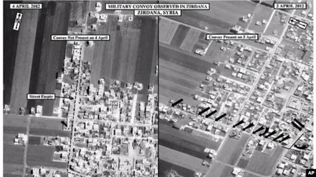 This satellite image posted on the U.S. Embassy Damascus Facebook page Saturday, April 7, 2012, shows the presence of a military convoy in Zirdana, Syria on April 5, right, next to imagery of the same area on April 4, showing no military convoy, according