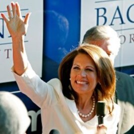 Rep. Michele Bachmann waves to supporters outside her campaign bus after being named the winner of the Iowa Republican Party's Straw Poll, Aug. 13, 2011, in Ames, Iowa