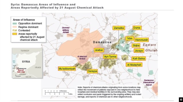 Желтым цветом на карте отмечены места, где предположительно было применено химическое оружие 