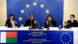 Members of the European Union Election Observation Mission in Madagascar, Peggy Corlin (L), Philippe Boulland (2nd L), Maria Muniz de Urquiza (2nd R), and Sandrine Espinoza, speak to journalists during a press conference concerning election results in Ant