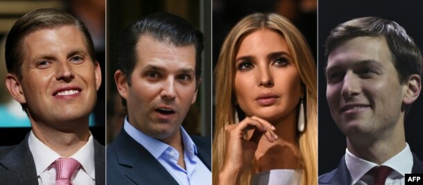 This combination of pictures created on Nov. 11, 2016 shows (From L to R) recent portraits President-elect children Eric Trump, Donald Trump Jr, Ivanka Trump and her husband Jared Kushner.