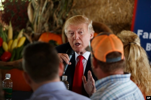 Republican presidential candidate Donald Trump speaks during a meeting with local farmers at Bedners Farm Fresh Market in Boynton Beach, Florida, Oct. 24, 2016.