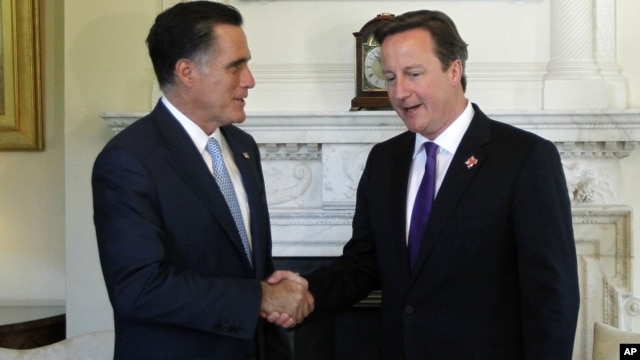 Republican presidential candidate, former Massachusetts Gov. Mitt Romney meets with British Prime Minister David Cameron at 10 Downing Street†in London, July 26, 2012. 