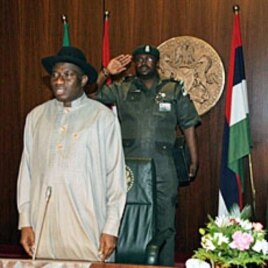 Nigeeria's new acting president and commander in chief Goodluck Jonathan is pictured as he takes office in Abuja, 10 Feb 2010