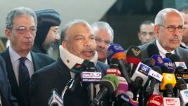 Saad al-Katatni, head of the Egyptian Muslim Brotherhood's Freedom and Justice party, talks during a news conference next to former Foreign Minister Amr Moussa (L) and liberal politician Mohamed ElBaradei (R) after their meeting in Cairo, January 31, 2013.