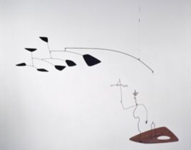 Alexander Calder's mobile of a wire figure of Saul Steinberg with clouds following behind.
