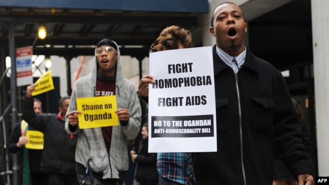 People protest against Uganda's proposed anti-homosexuality bill in New York on Nov 19, 2009.