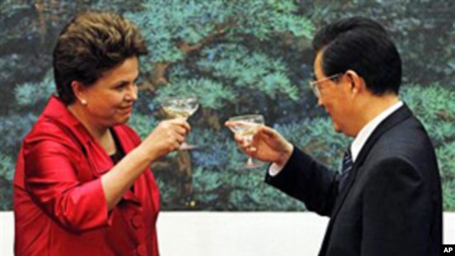 Brazilian President Dilma Rousseff (l) toasts with China's President Hu Jintao after a signing ceremony held at the Great Hall of the People in Beijing, April 12, 2011