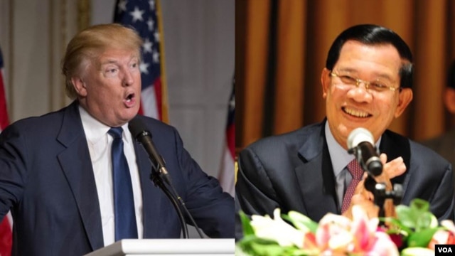 លោក Donald Trump បេក្ខជន​ប្រធានាធិបតី​សហរដ្ឋ​អាមេរិក (ឆ្វេង) និង​លោកនាយក​រដ្ឋ​មន្ត្រី ហ៊ុន សែន នៃ​ប្រទេស​កម្ពុជា (ស្តាំ)។ 