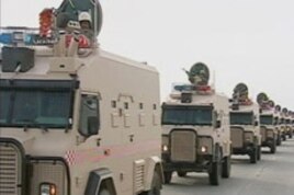 Saudi Arabian troops cross the causeway leading to Bahrain in this still image taken from video, March 14, 2011.