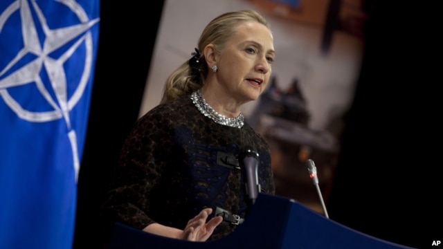U.S. Secretary of State Hillary Clinton speaks at a news conference after a meeting of NATO foreign ministers in Brussels, Dec. 5, 2012