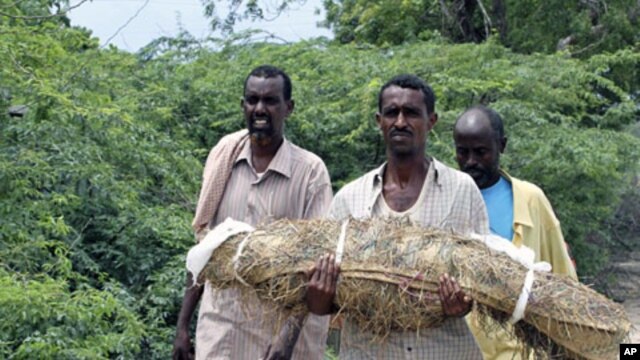 An unidentified displaced Somali man carries the remains of his child who died of malnutrition for burial at the Badbado settlement in southern Mogadishu, August 4, 2011